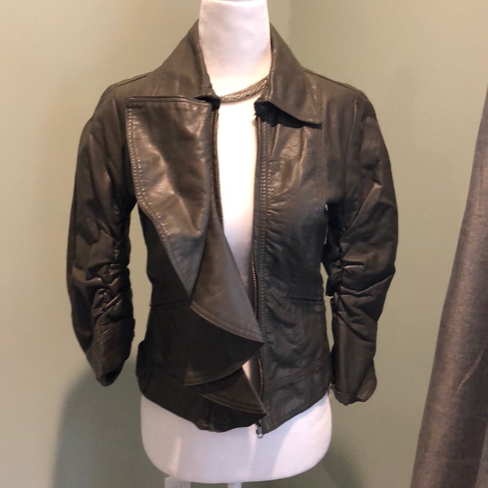 Jolt Army Green Ruffle Front Faux Leather Jacket
